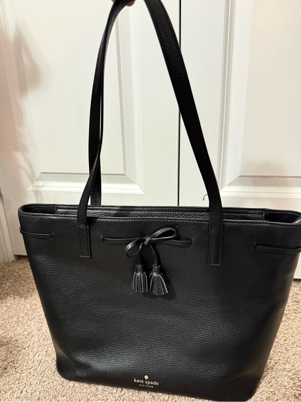 kate spade Black Leather Tassel Tote with Double Straps